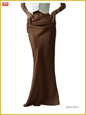 Women's Satin Maxi Skirt Low Rise Ruched Elegant Silky Party Fishtail Long Skirt
